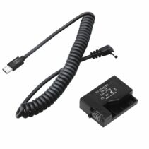 "DR-E8 DC Coupler dummy battery for LP-E8 compatible cameras showing technical certifications and model details."