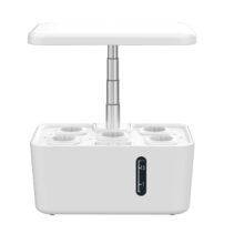 White 5-pod indoor LED hydroponic system with adjustable height grow light and water level indicator.