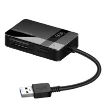 C368 USB 3.0 card reader connected to a laptop with a 2TB Sony Memory Stick XC-HG Duo in the foreground.