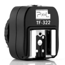 Pixel TF-322 Hot Shoe Adapter for Sony and Minolta cameras, featuring a standard ISO hot shoe mount and a built-in PC Sync port for studio strobe triggering.