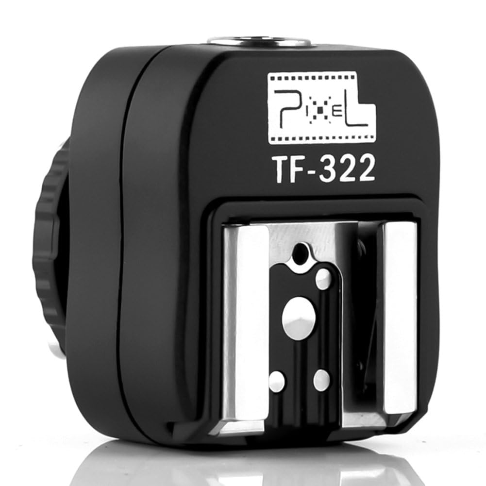 Pixel TF-322 Hot Shoe Adapter for Sony and Minolta cameras, featuring a standard ISO hot shoe mount and a built-in PC Sync port for studio strobe triggering.