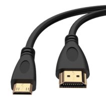 Close-up of a 4K Mini HDMI to HDMI cable showing the gold-plated Type C Mini HDMI and Type A standard HDMI connectors.