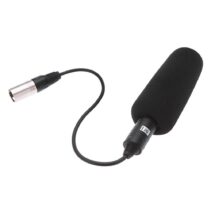 Professional 11-inch black shotgun condenser microphone with integrated 3-pin XLR cable, showing the uni-directional interference tube design for directional audio capture.