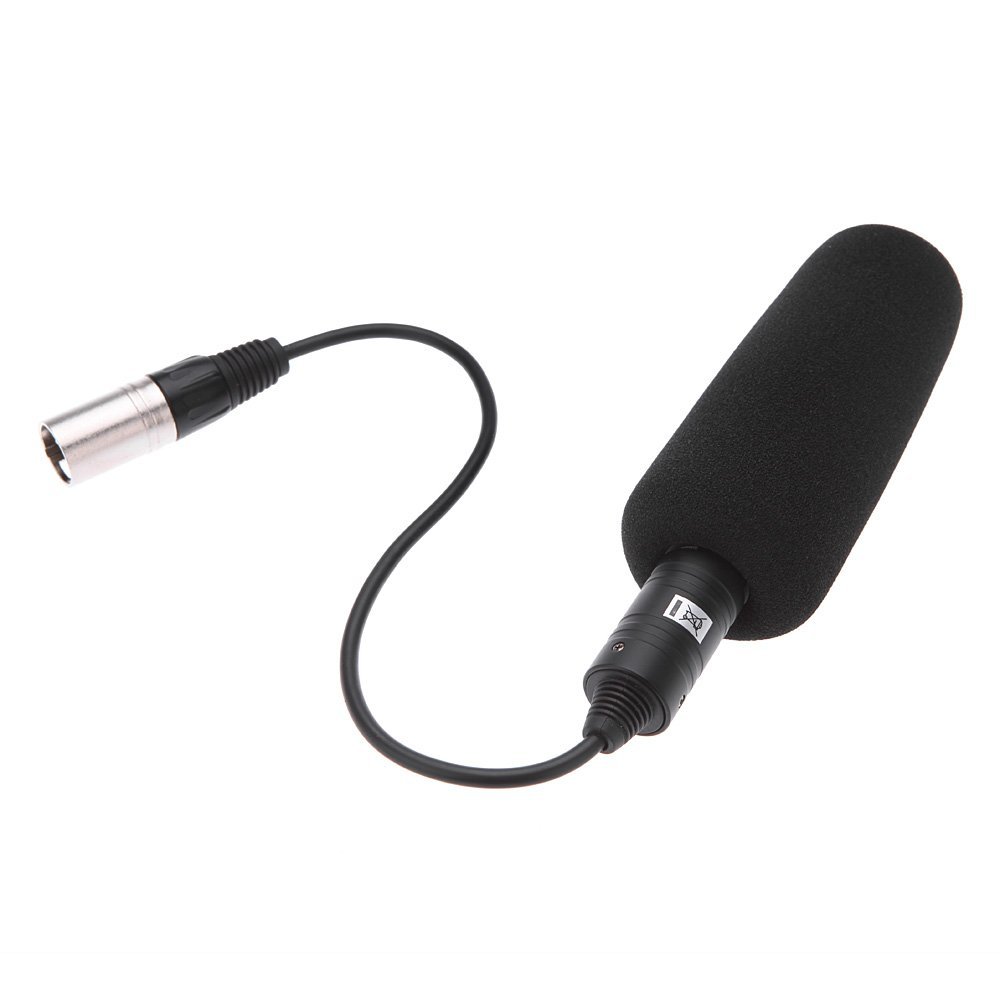 Professional 11-inch black shotgun condenser microphone with integrated 3-pin XLR cable, showing the uni-directional interference tube design for directional audio capture.