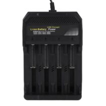 4-Slot USB Smart Battery Charger for 3.7V Li-ion rechargeable batteries including 18650, 14500, and 16340 models.