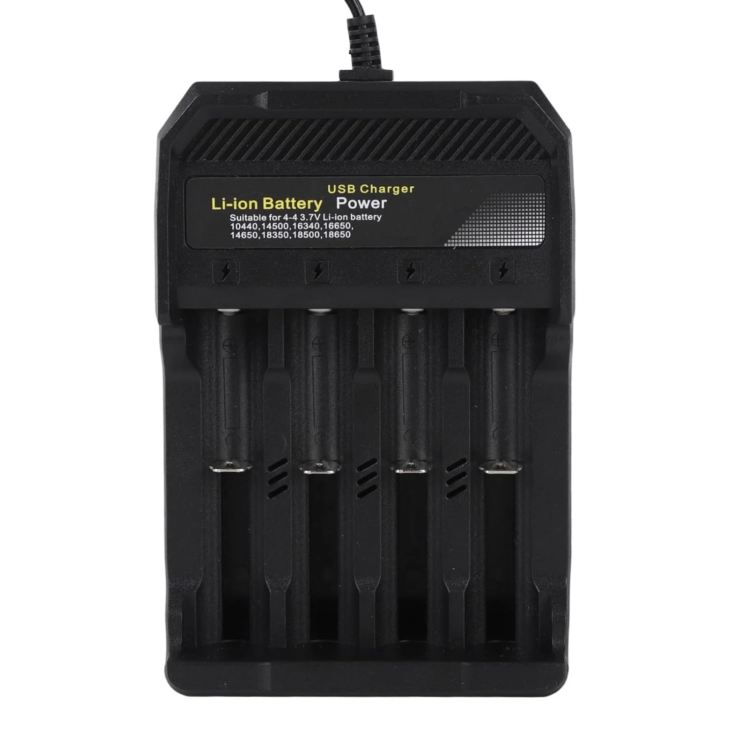 4-Slot USB Smart Battery Charger for 3.7V Li-ion rechargeable batteries including 18650, 14500, and 16340 models.