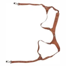 Durable tan leather double camera strap for photographers, showcasing the reinforced stitching and multiple sizing holes for a custom fit.