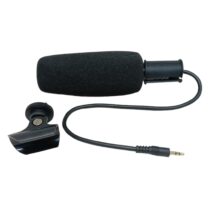 Universal shotgun video microphone with foam windscreen and 3.5mm jack mounted on a cold shoe bracket, isolated on a white background.