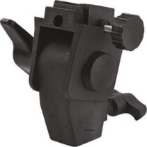 Perspective view of a heavy-duty plastic flash and umbrella holder for light stands, highlighting the textured grip and tightening knobs.