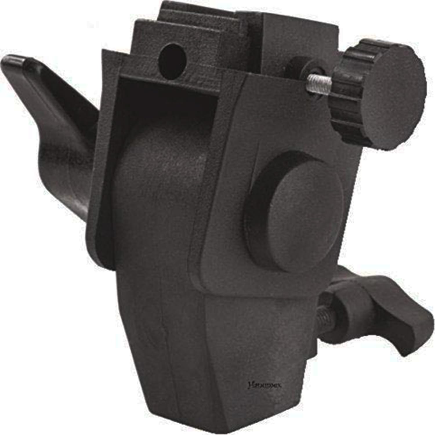 Perspective view of a heavy-duty plastic flash and umbrella holder for light stands, highlighting the textured grip and tightening knobs.