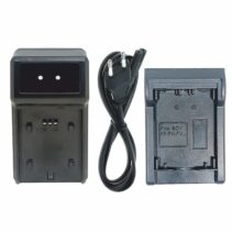 A high-angle view of a black external camera battery charger base, an AC power cord, and a detachable battery plate labeled "Fits SOY FP/FH/FV" as shown in FITS SOY FP-FH-FV PLATE.jpg.