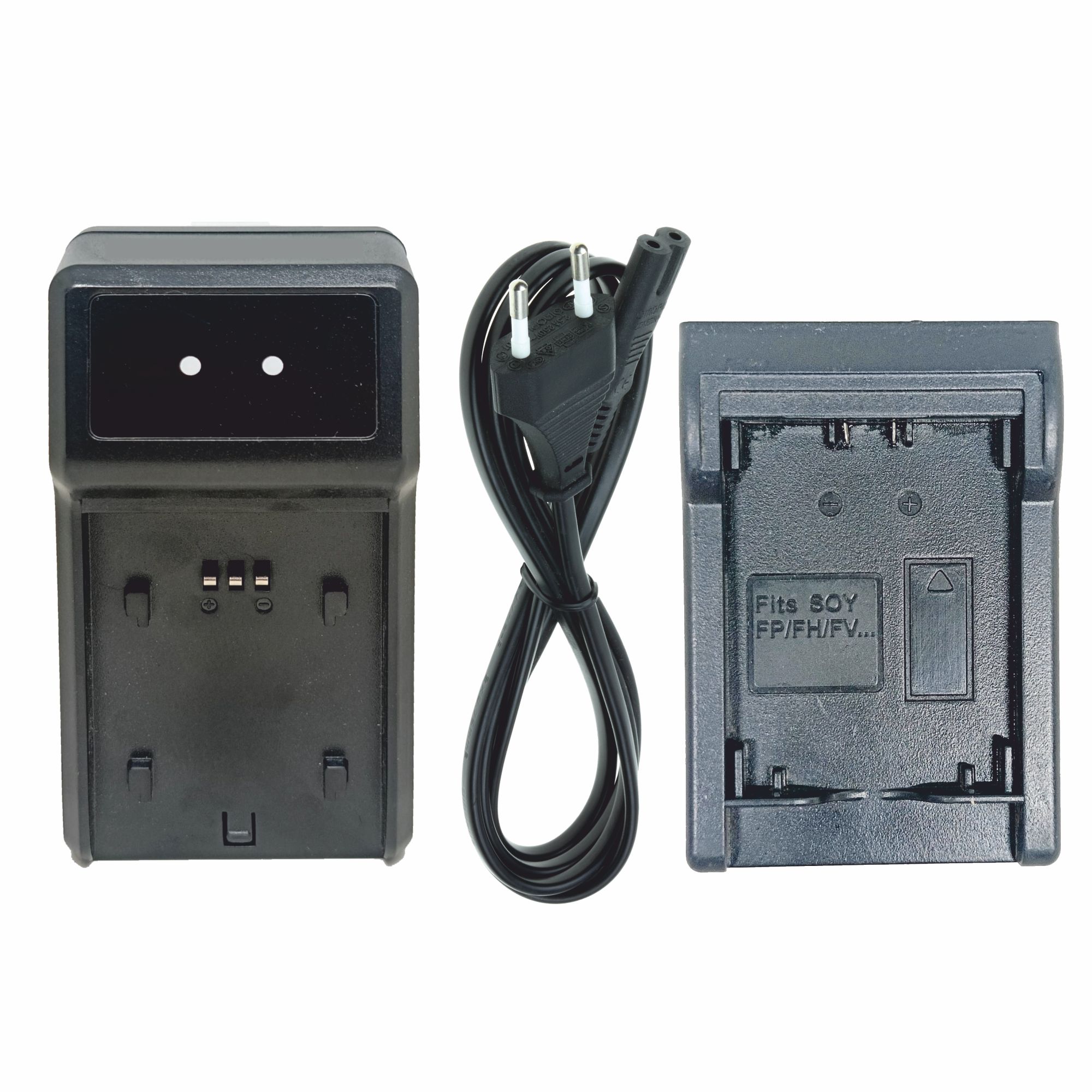 A high-angle view of a black external camera battery charger base, an AC power cord, and a detachable battery plate labeled "Fits SOY FP/FH/FV" as shown in FITS SOY FP-FH-FV PLATE.jpg.